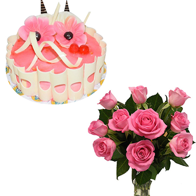 "Pink Guava Cake - 1kg , 12 Pink Roses Flower Bunch - Click here to View more details about this Product